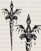 fantasy sword tattoo stencil with gothic medieval handle, long slim blade and ornamental detailing designed for spine placement or back centerline tattoos
