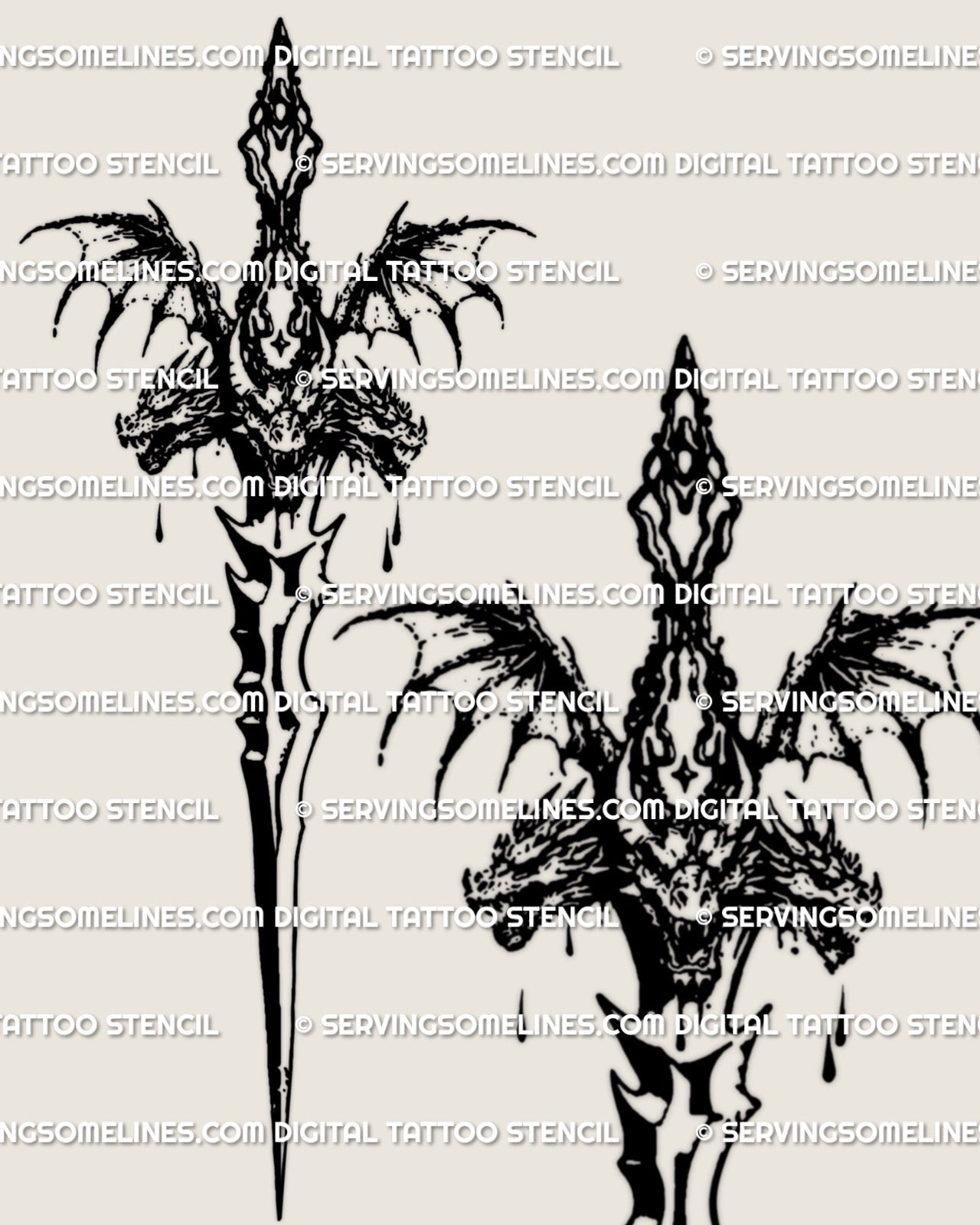 fantasy sword tattoo stencil with gothic medieval handle, long slim blade and ornamental detailing designed for spine placement or back centerline tattoos
