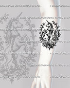 Fantasy unicorn tattoo stencil shown on forearm with medieval unicorn, spiral horn, sword detail, chain, and vertical ornamental frame