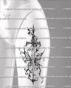 Fantasy winged sword tattoo shown on a woman’s front thigh with an ornate blade, abstract fairy and butterfly-like wings, flowing vines, and dark romantic black ink details