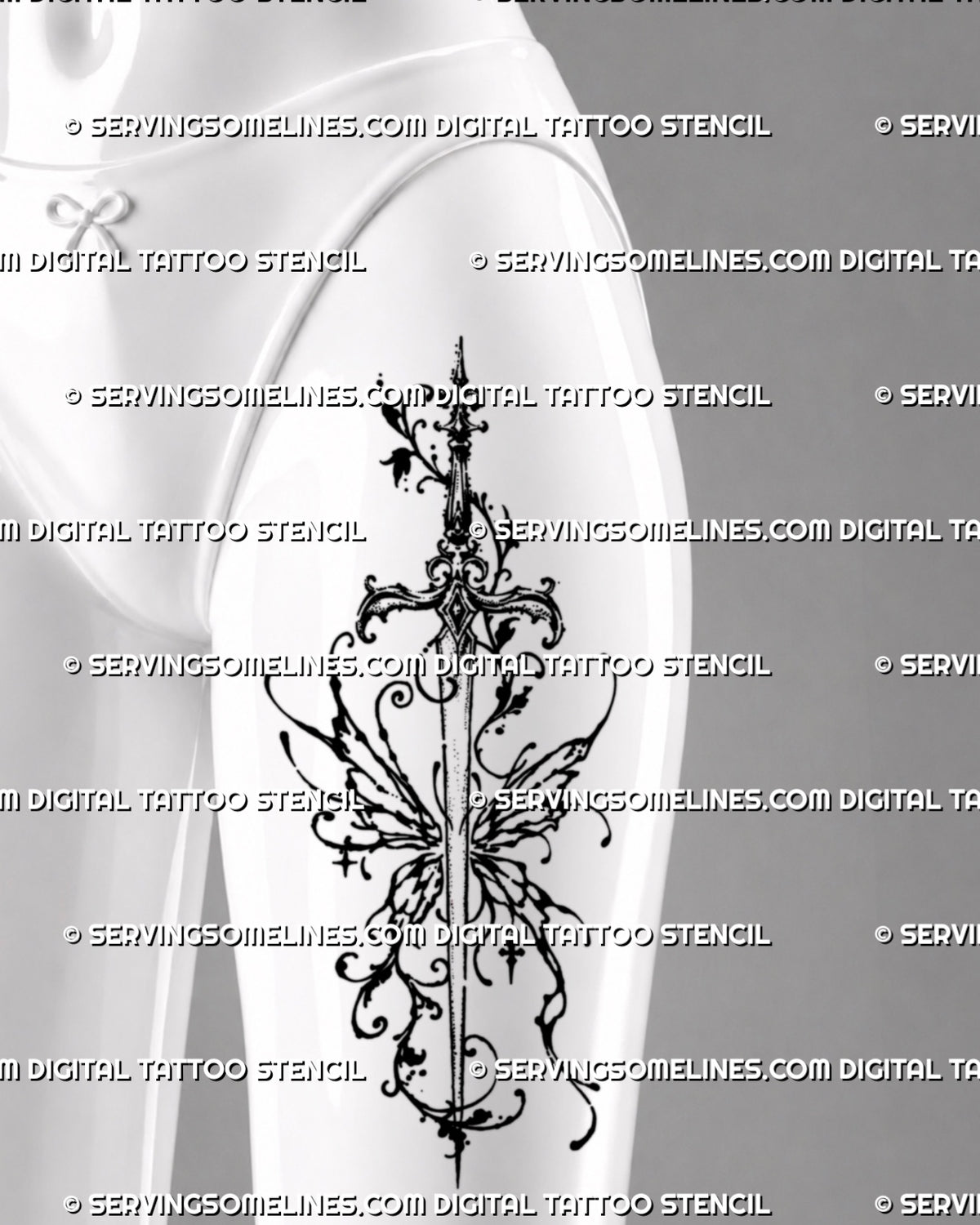 Fantasy winged sword tattoo shown on a woman’s front thigh with an ornate blade, abstract fairy and butterfly-like wings, flowing vines, and dark romantic black ink details