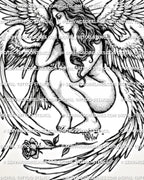 Female angel wings tattoo stencil with seraphim figure, curved feather layers, celestial rays, and rose detail.