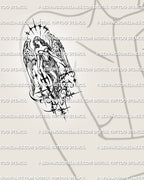 Female angel with sword tattoo stencil shown on women’s arm placement, with gothic wings and darker sacred linework.