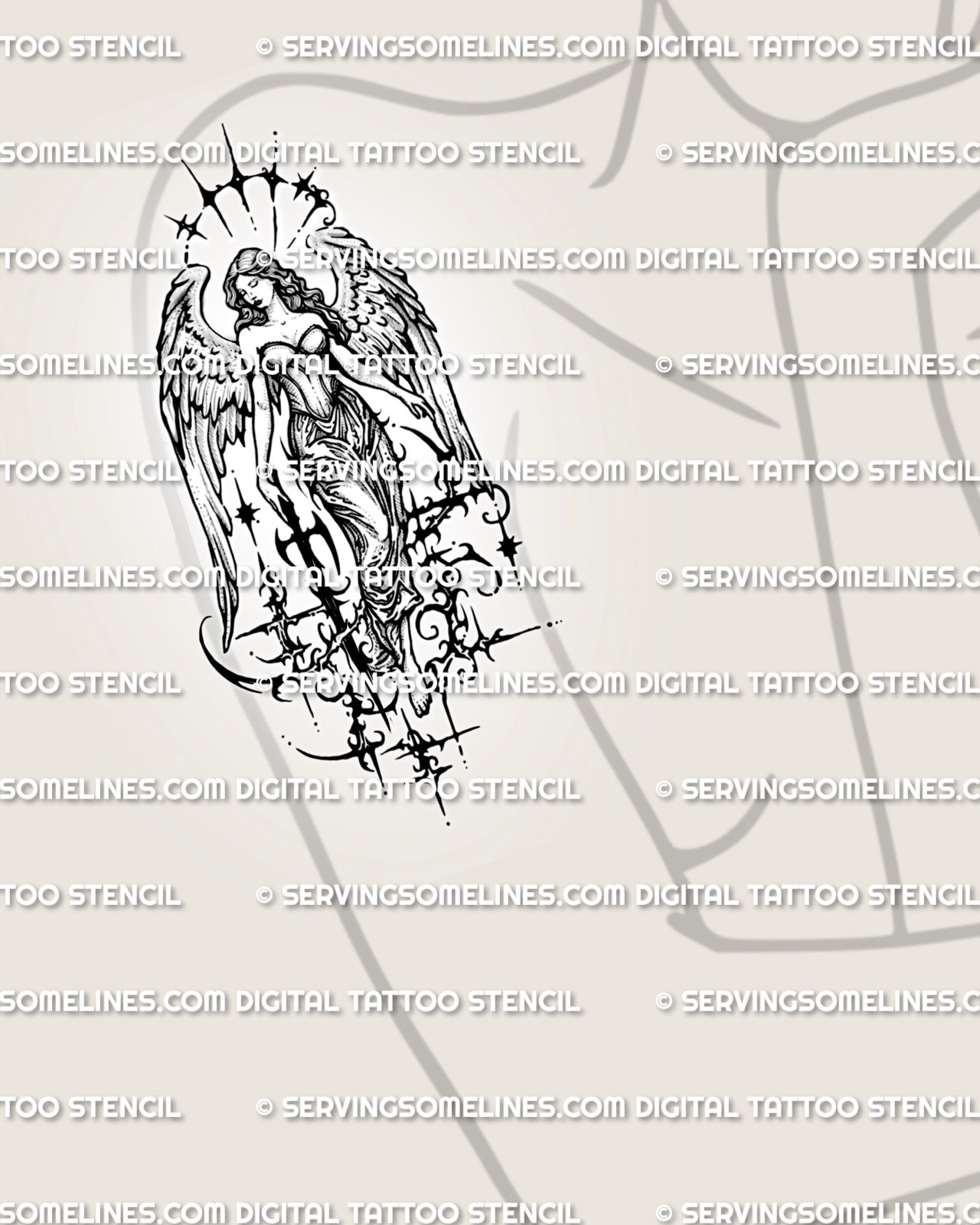 Female angel with sword tattoo stencil shown on women’s arm placement, with gothic wings and darker sacred linework.