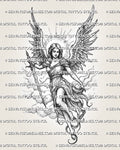 Female guardian angel tattoo stencil with open wings, halo rays, clouds, flowing dress, and protective sword.