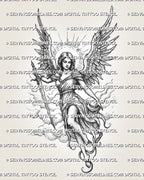 Female guardian angel tattoo stencil with open wings, halo rays, clouds, flowing dress, and protective sword.