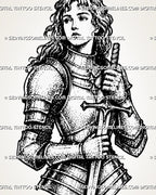 Close view of female knight armor tattoo stencil showing face detail, plate armor, gauntlet, sword, and blackwork-style texture