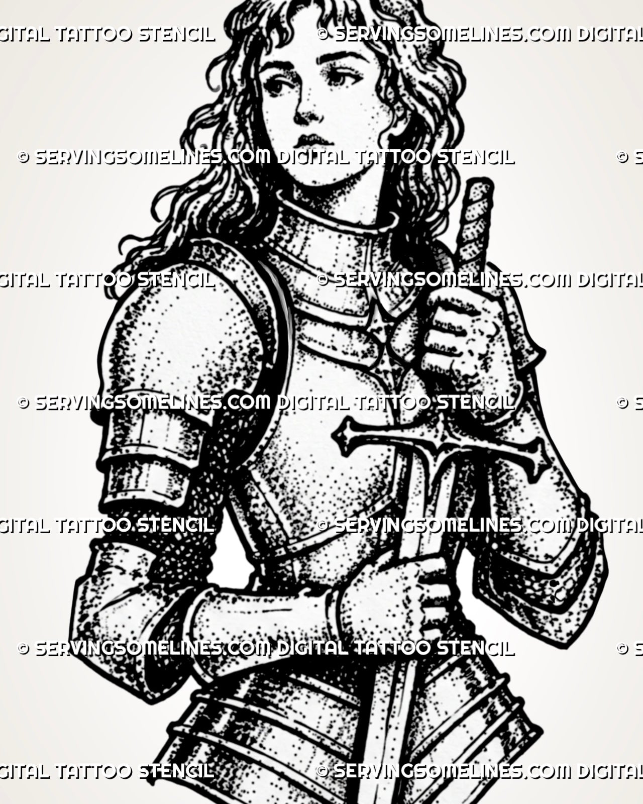 Close view of female knight armor tattoo stencil showing face detail, plate armor, gauntlet, sword, and blackwork-style texture