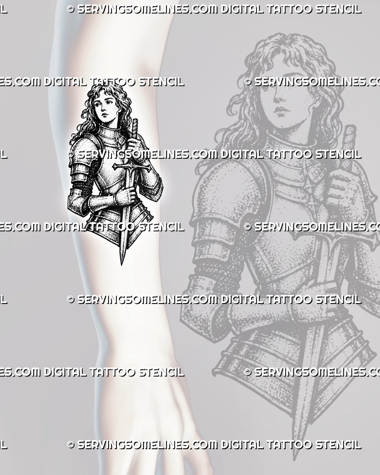 Female knight sword tattoo stencil shown on forearm with medieval warrior portrait, armor detail, sword, and vertical tattoo placement