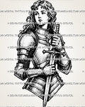 Female knight sword tattoo stencil with medieval armor, portrait detail, sword held close, gauntlet detail, and blackwork-style shading