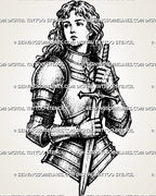 Female knight sword tattoo stencil with medieval armor, portrait detail, sword held close, gauntlet detail, and blackwork-style shading