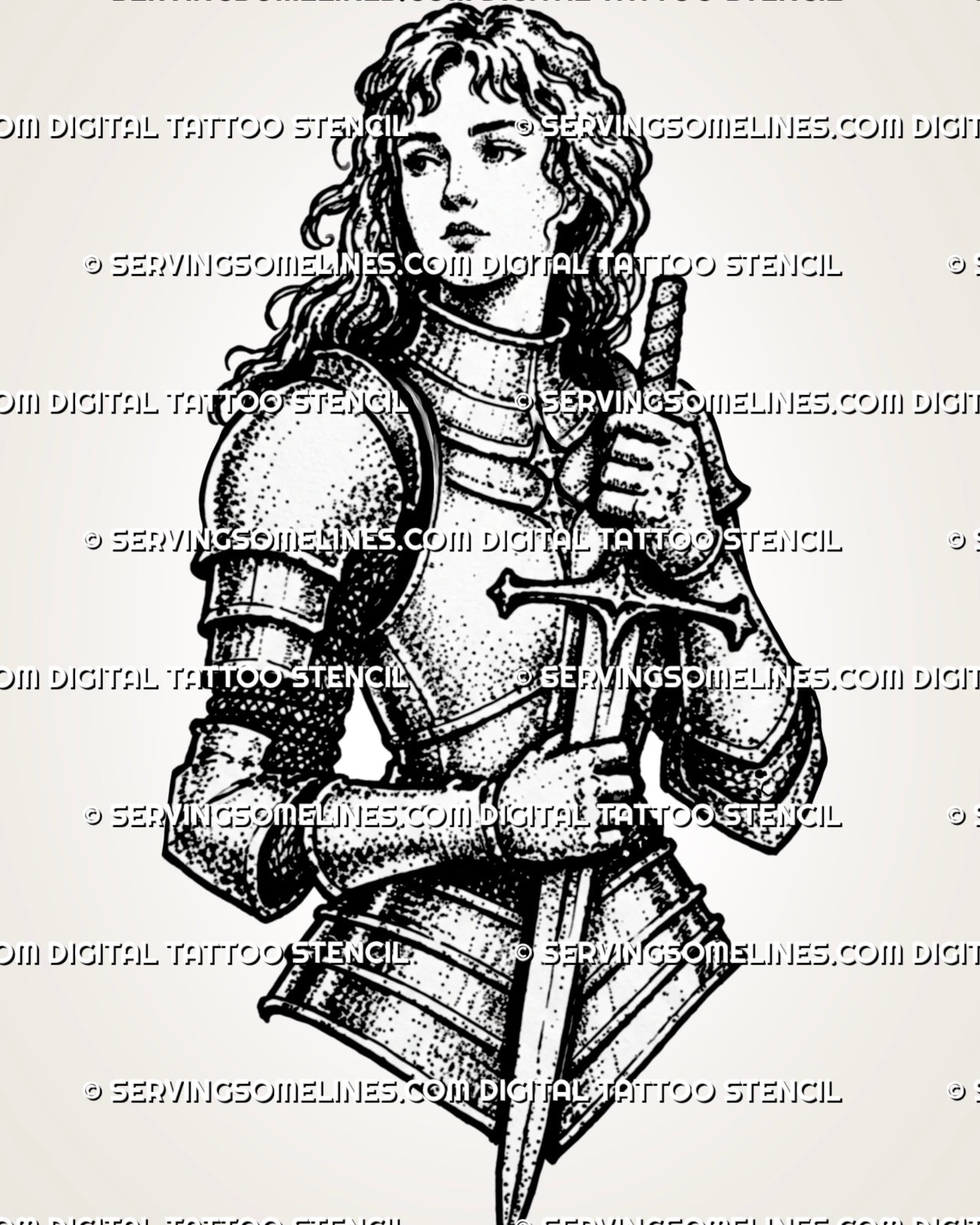 Female knight sword tattoo stencil with medieval armor, portrait detail, sword held close, gauntlet detail, and blackwork-style shading