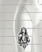 Female knight tattoo design shown on front thigh with medieval armor, sword held close, portrait detail, and strong warrior tattoo composition