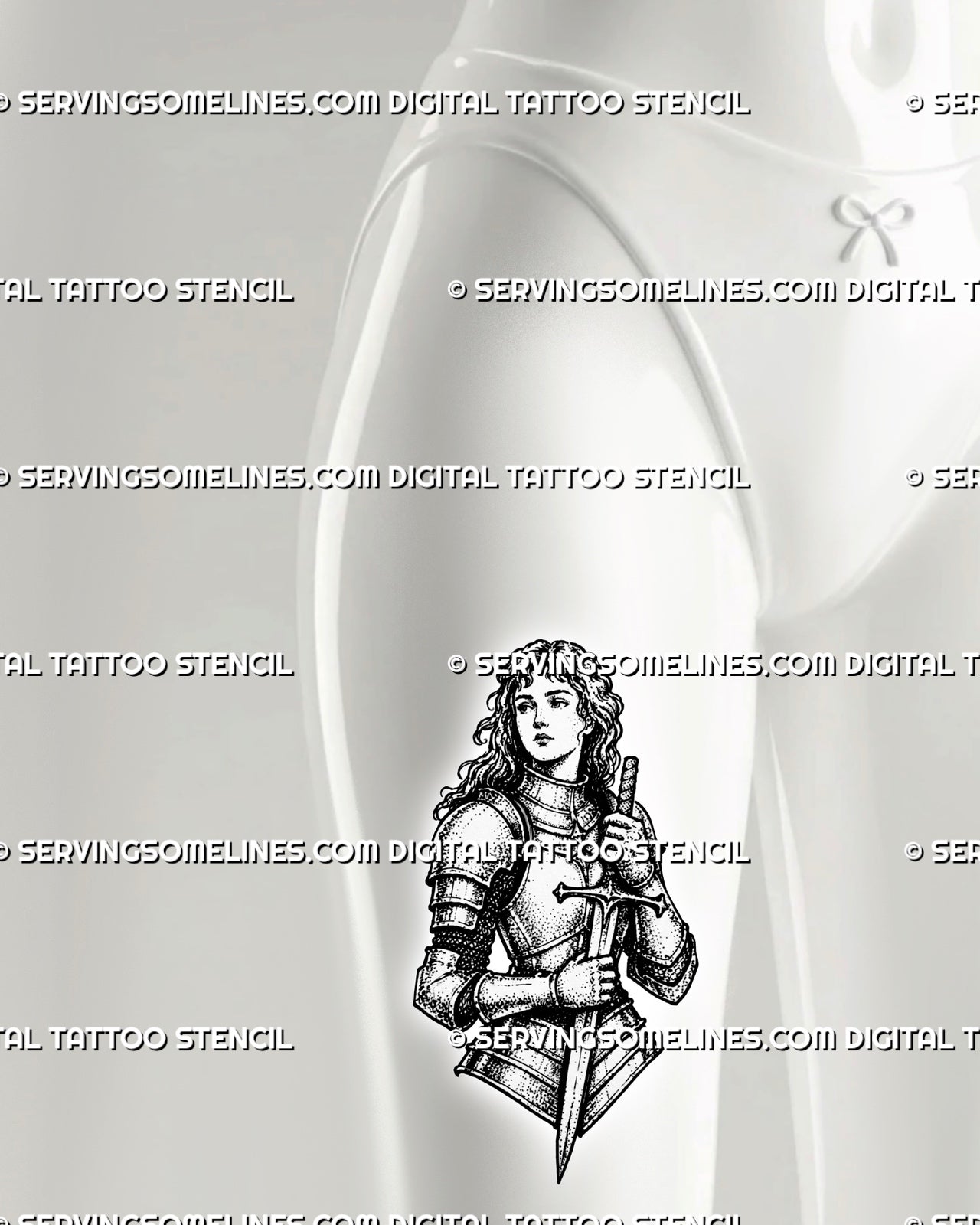 Female knight tattoo design shown on front thigh with medieval armor, sword held close, portrait detail, and strong warrior tattoo composition