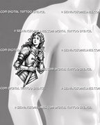 Female knight tattoo stencil shown on men’s bicep with medieval armor detail, sword held close, portrait shape, and warrior tattoo styling