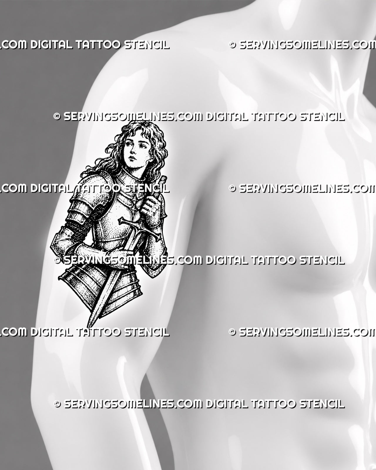 Female knight tattoo stencil shown on men’s bicep with medieval armor detail, sword held close, portrait shape, and warrior tattoo styling