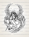 Female seraphim tattoo stencil with layered wings, celestial rays, star detail, crouched female figure, and rose.