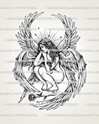 Female seraphim tattoo stencil with layered wings, celestial rays, star detail, crouched female figure, and rose.