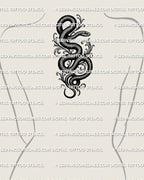 Dark snake tattoo shown on female upper back center placement with gothic scroll detail and long winding serpent body.
