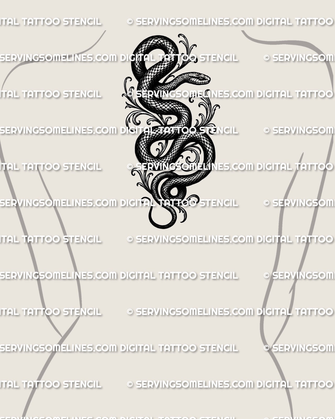 Dark snake tattoo shown on female upper back center placement with gothic scroll detail and long winding serpent body.