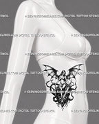 Female warrior dragon tattoo stencil shown on women’s ribs with sword, gothic wings, slain dragon head, and medieval fantasy styling