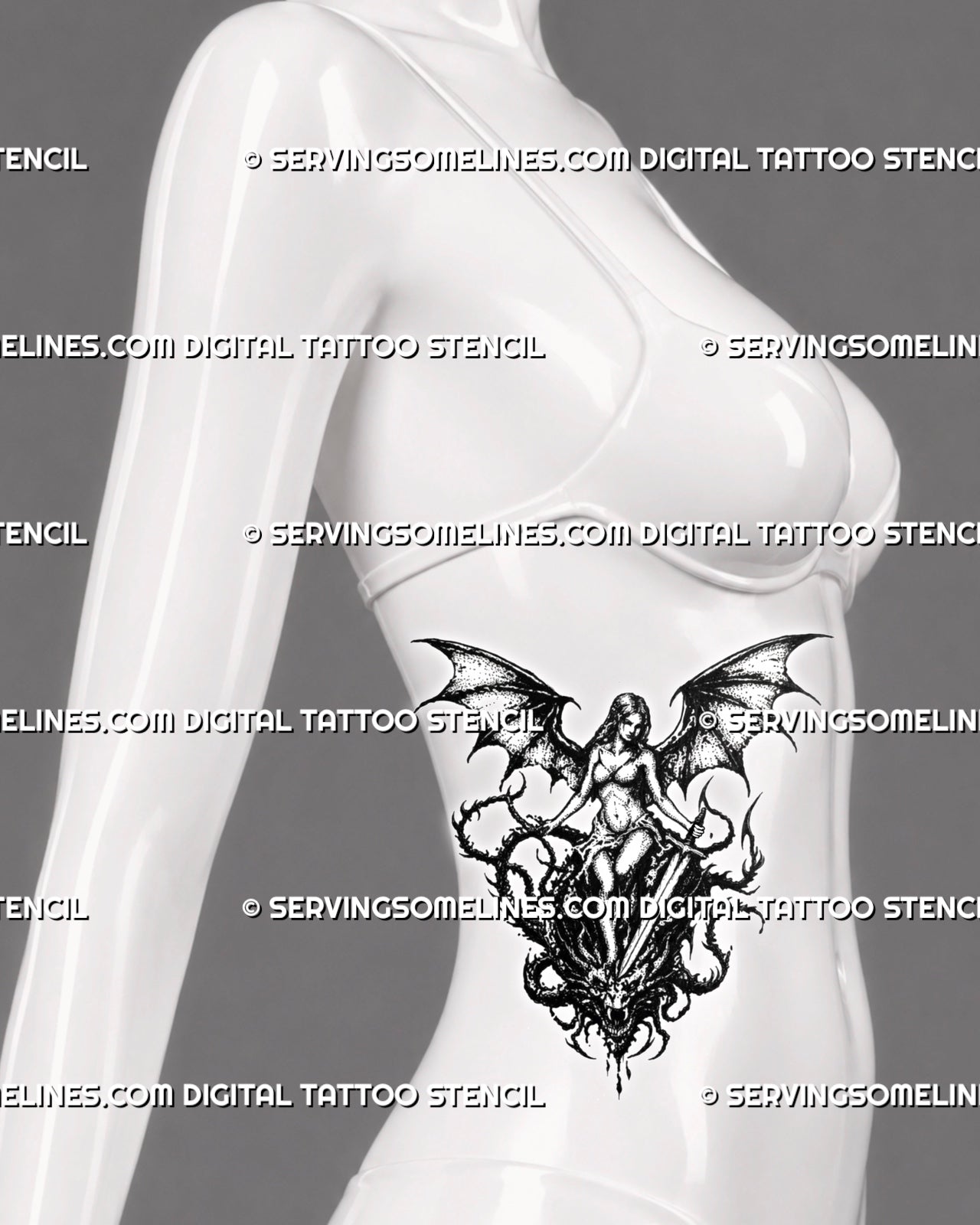 Female warrior dragon tattoo stencil shown on women’s ribs with sword, gothic wings, slain dragon head, and medieval fantasy styling