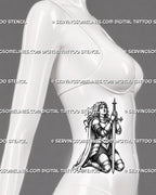 Female warrior knight tattoo stencil shown on women’s side stomach with kneeling sword pose, medieval armor, and dark fantasy tattoo design detail