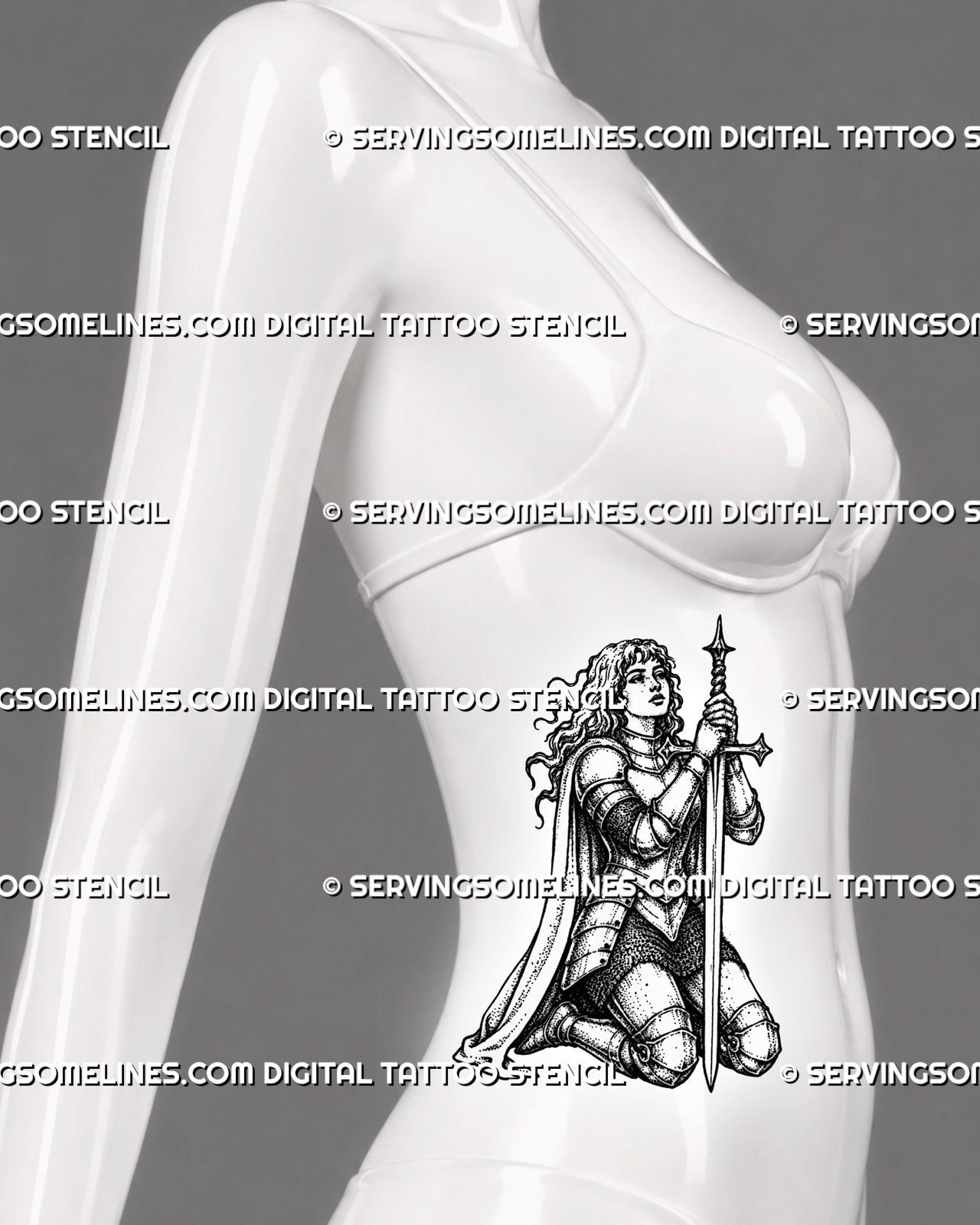 Female warrior knight tattoo stencil shown on women’s side stomach with kneeling sword pose, medieval armor, and dark fantasy tattoo design detail