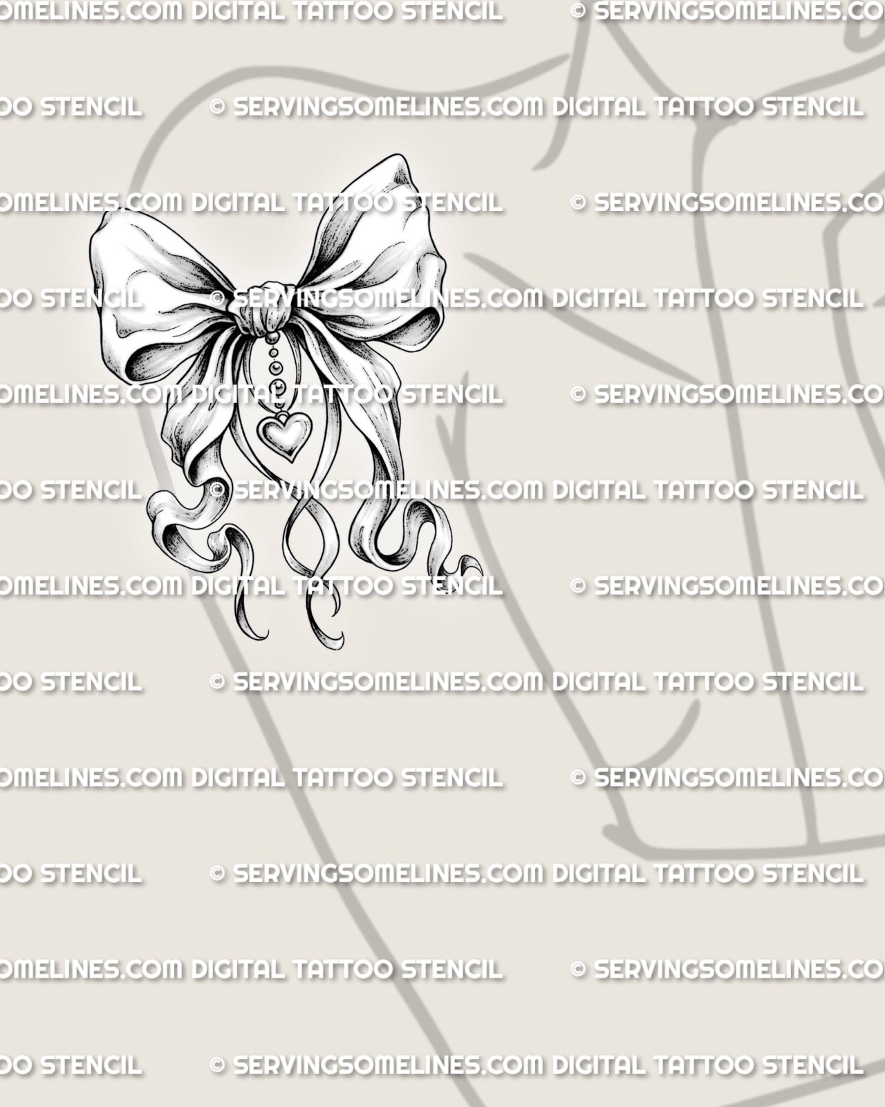 Feminine bow tattoo displayed on womens arm placement, with ribbon tails and a small heart charm for a soft stencil preview.