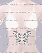 Feminine butterfly tattoo shown at the center of a woman’s stomach with balanced filigree wings and an elongated jewel ornament below the body