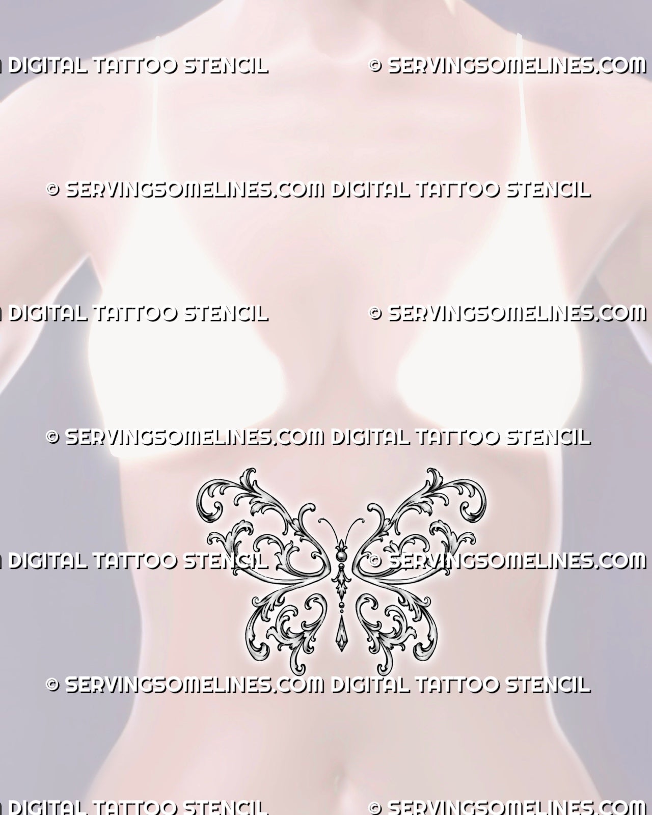 Feminine butterfly tattoo shown at the center of a woman’s stomach with balanced filigree wings and an elongated jewel ornament below the body