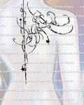 feminine cyber tribal spine and shoulder tattoo stencil shown on women’s back with ornamental swirls and star accents wrapping shoulder and spine