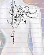 feminine cyber tribal spine and shoulder tattoo stencil shown on women’s back with ornamental swirls and star accents wrapping shoulder and spine