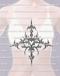 Feminine cybersigilism sternum tattoo stencil shown on female sternum placement, with wide underbust shape and central drop.