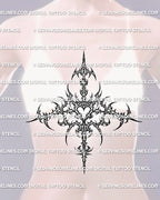 Feminine cybersigilism sternum tattoo stencil shown on female sternum placement, with wide underbust shape and central drop.