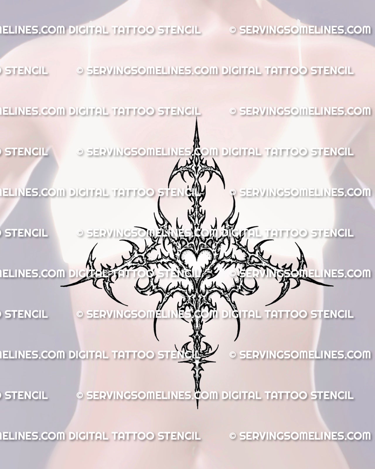 Feminine cybersigilism sternum tattoo stencil shown on female sternum placement, with wide underbust shape and central drop.