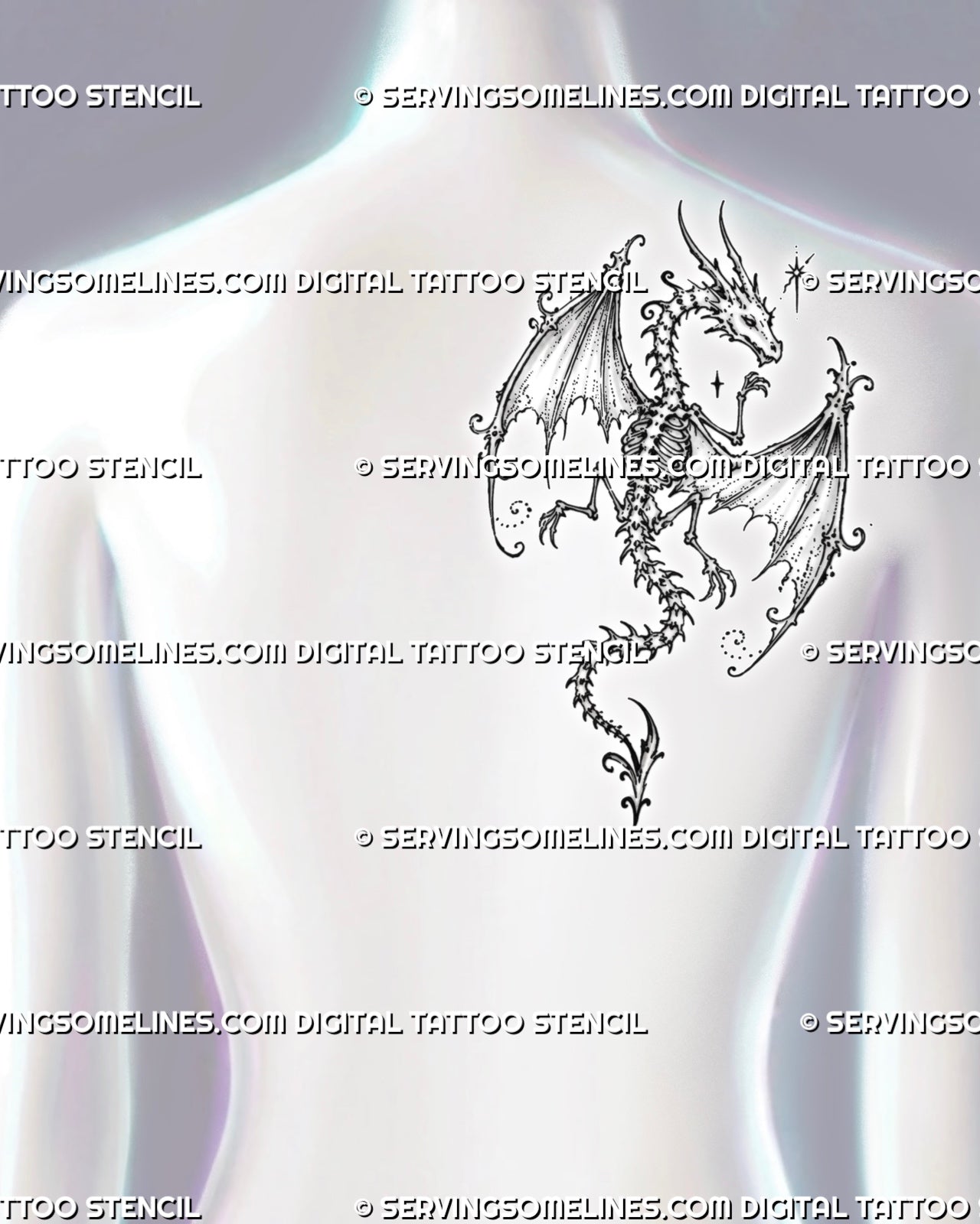 Feminine dragon skeleton tattoo shown on the side upper back with wide skeletal wings, exposed ribs, curled wing tips, stars, and flowing tail detail