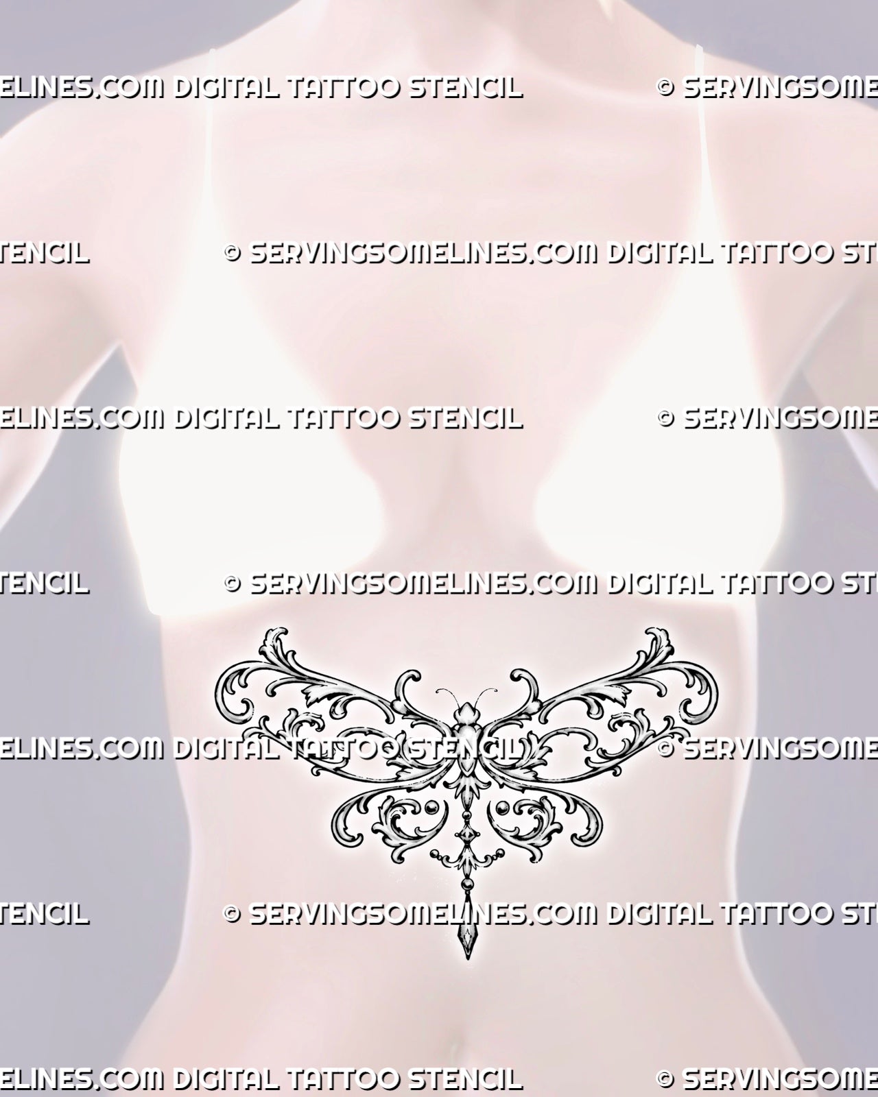 Feminine dragonfly tattoo shown on a woman’s stomach with broad ornamental wings, flowing botanical scrollwork, and a centered hanging jewel detail