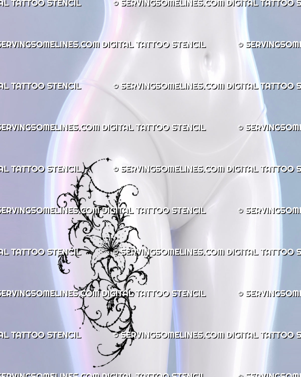 Feminine floral tattoo shown at a more compact scale on a woman’s upper thigh with an ornamental lily, flowing scrollwork, stars, and jewelry-like details