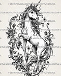 Feminine floral unicorn tattoo stencil with full-body rearing unicorn, roses, flowing mane, ornamental vines, star accents, and fantasy linework