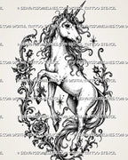 Feminine floral unicorn tattoo stencil with full-body rearing unicorn, roses, flowing mane, ornamental vines, star accents, and fantasy linework