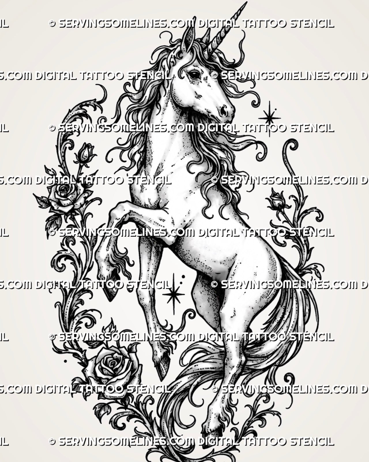 Feminine floral unicorn tattoo stencil with full-body rearing unicorn, roses, flowing mane, ornamental vines, star accents, and fantasy linework