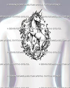 Feminine floral unicorn tattoo stencil shown on upper back with rearing unicorn, flowing mane, roses, ornamental vines, and magical tattoo composition
