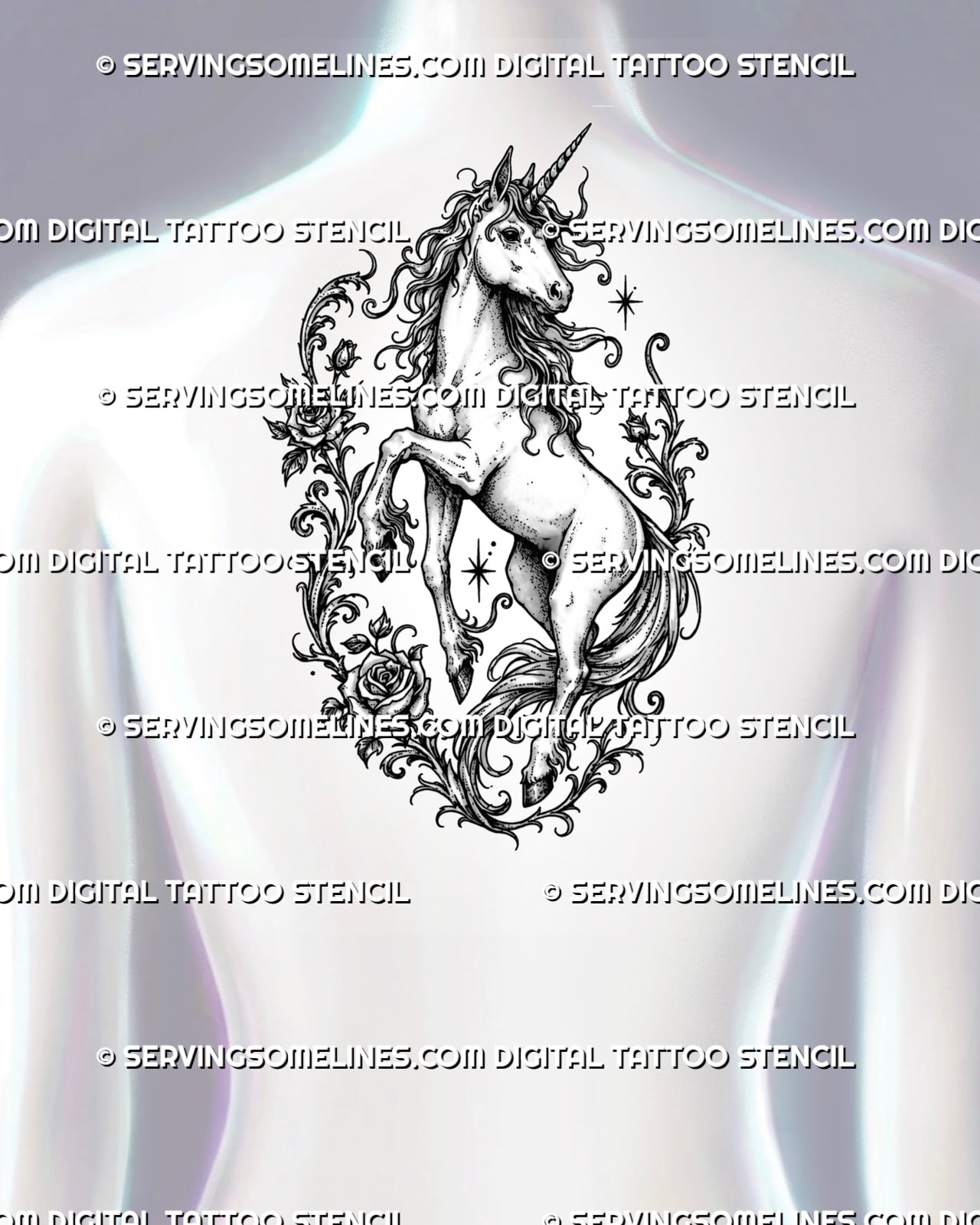 Feminine floral unicorn tattoo stencil shown on upper back with rearing unicorn, flowing mane, roses, ornamental vines, and magical tattoo composition