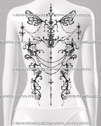Feminine full back ornamental tattoo design with wide fairy-style wings, flowing filigree, spine-aligned jewelry details, draped chains, and symmetrical gothic decoration