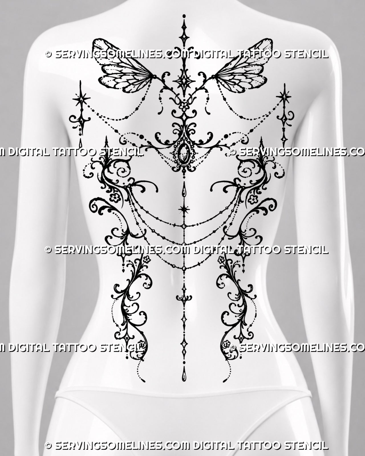 Feminine full back ornamental tattoo design with wide fairy-style wings, flowing filigree, spine-aligned jewelry details, draped chains, and symmetrical gothic decoration