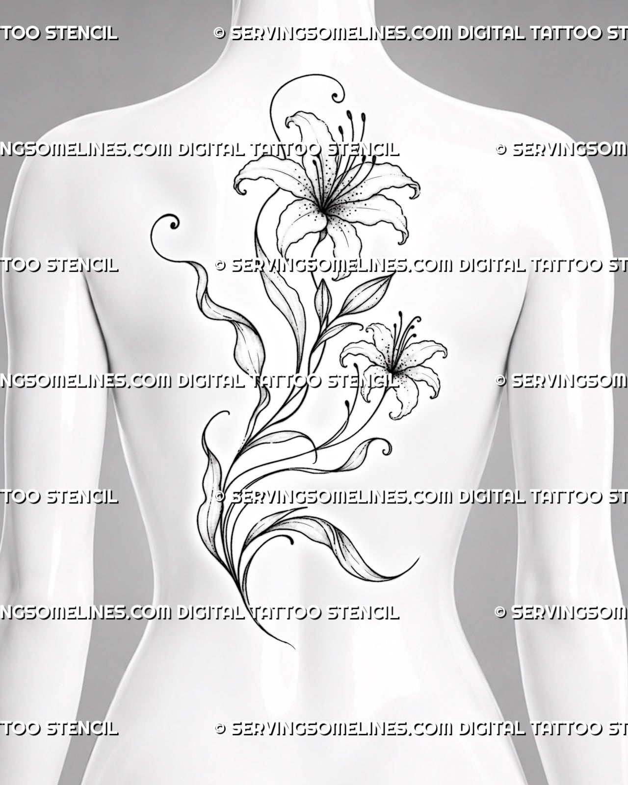 Feminine lily back tattoo shown from women’s upper back to mid back with two blooms, a flower bud, flowing stems, and long botanical leaves