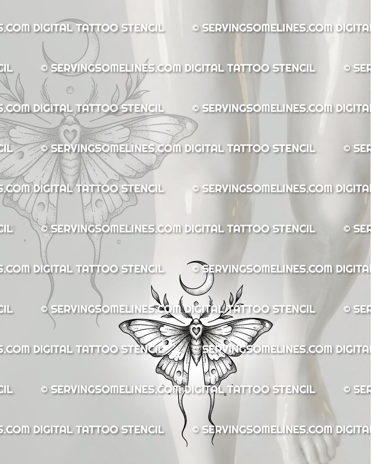 Feminine moth tattoo stencil shown on shin placement, with long lower wings, moon detail, and clean vertical stencil flow. 