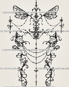 Feminine ornamental back tattoo stencil with gothic fairy wings, symmetrical filigree scrollwork, central jewel motif, hanging chains, bead details, and decorative pendants