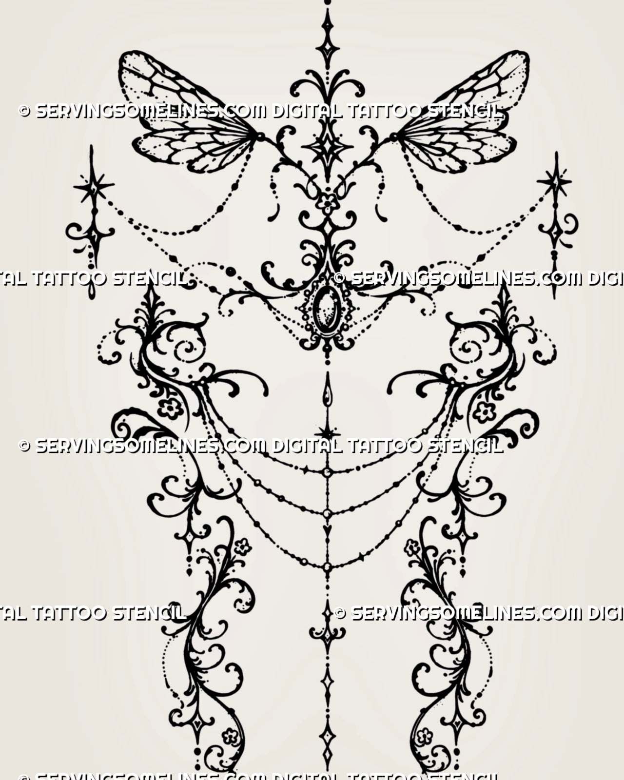 Feminine ornamental back tattoo stencil with gothic fairy wings, symmetrical filigree scrollwork, central jewel motif, hanging chains, bead details, and decorative pendants